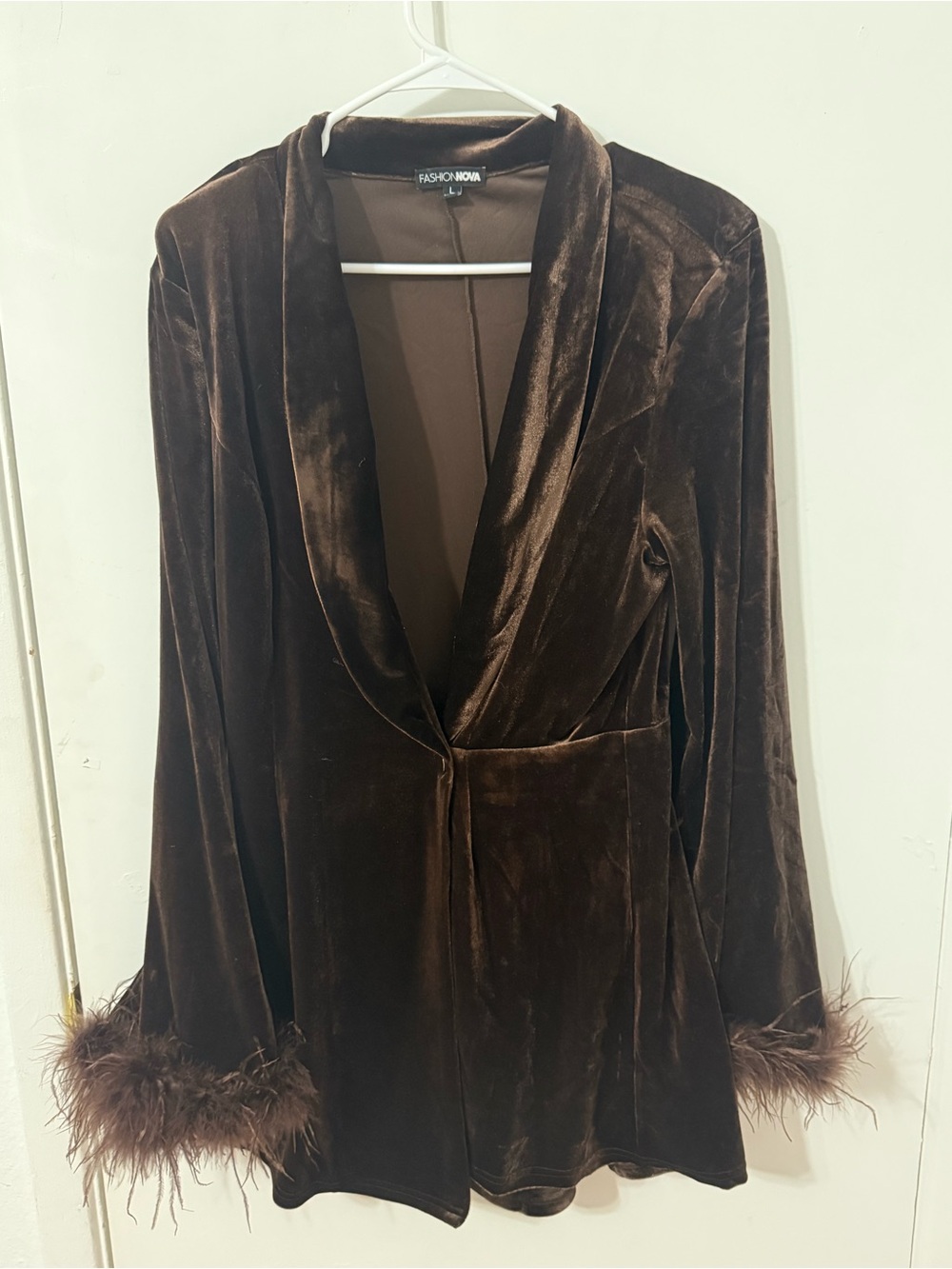 Brown Velvet Feather Trim Blazer Romper